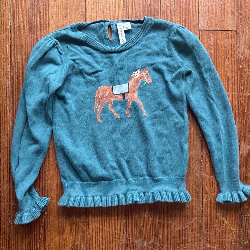 Janie and Jack Teal Horse Ruffle Hem Sweater size 6
